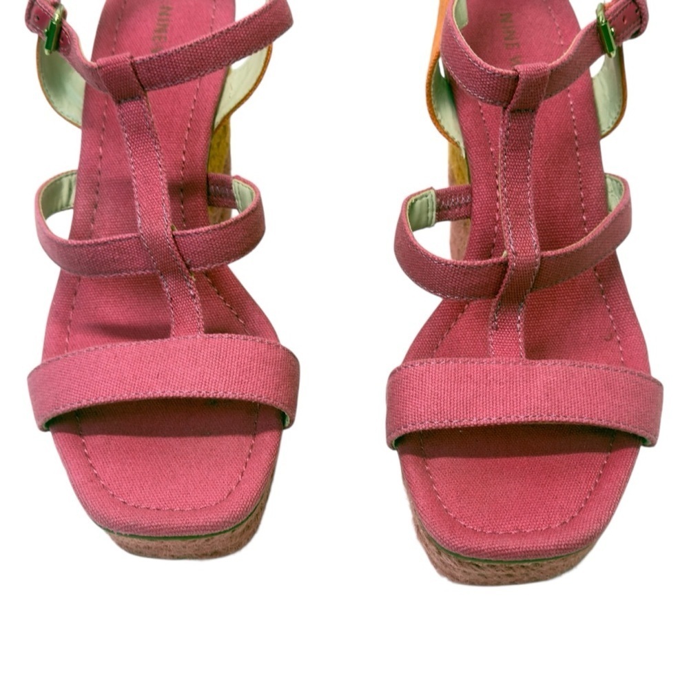 Nine West Pink and Orange Wedge Sandals with Braided Heel - Picture 3 of 12